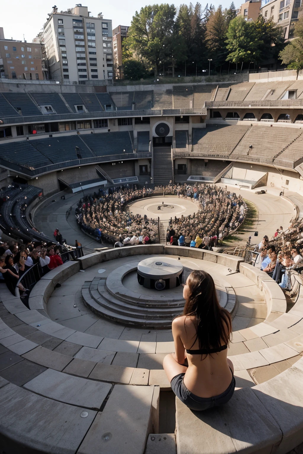 Circle amphitheater with steps made from sound system speakers with people sitting on top of it.