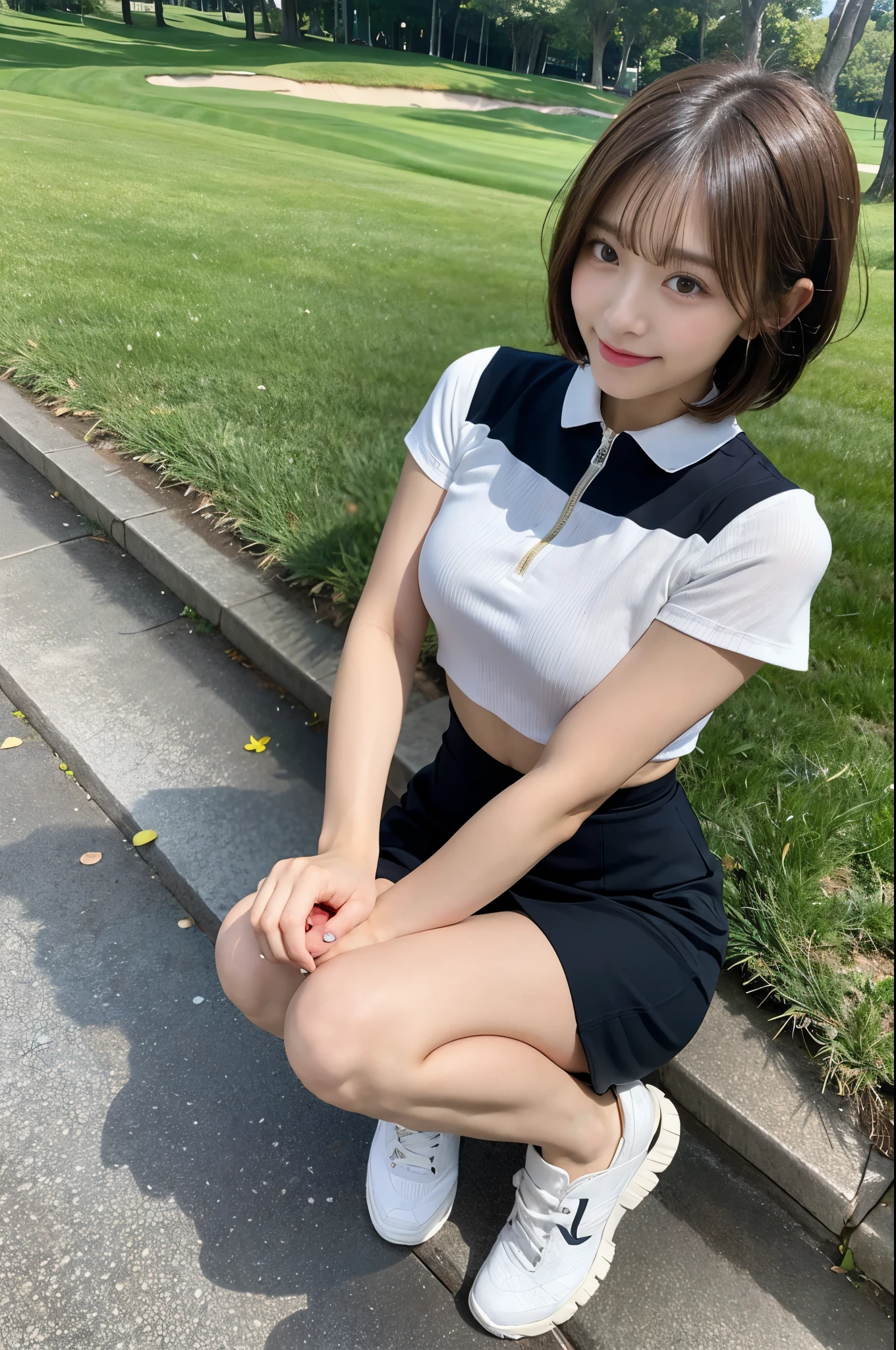masutepiece, Best Quality, Ultra-detailed, finedetail, hight resolution, 8K Wallpaper, Perfect dynamic composition, 20yr old、without makeup、no-makeup、Amazingly cute、Beautiful detailed eyes,  Natural lips, Golf Wear、tight skirts、cleavage, Gravure Pose, full body Esbian(skirt lift by yourself)white panty