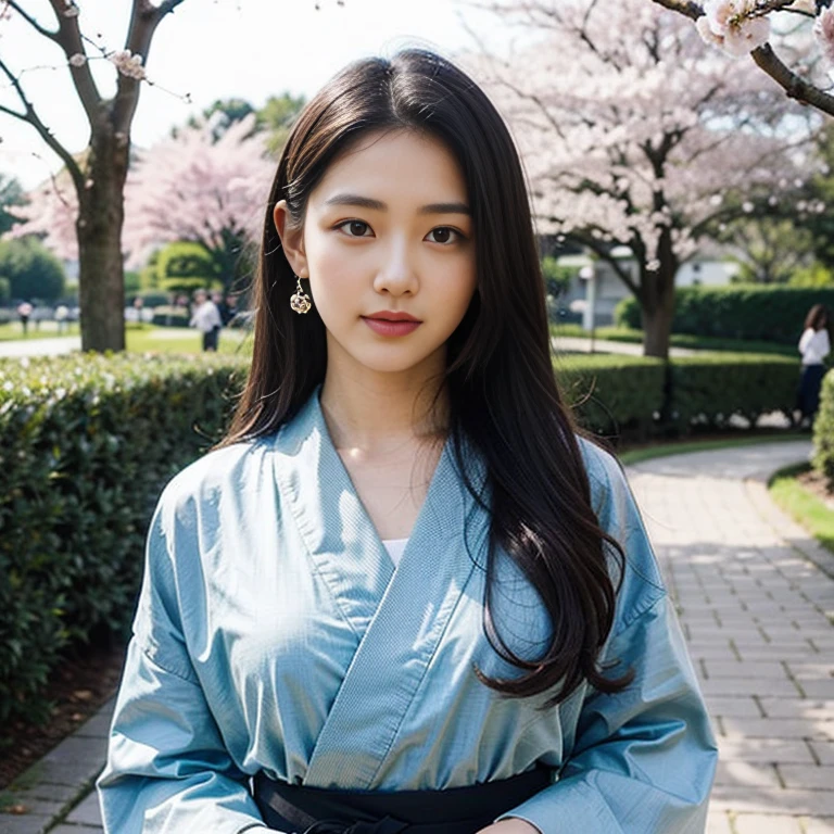 (highest quality、Realism:1.37)、Traditional Japanese art style、Gorgeous kimono、A gorgeous obi with a complex pattern、Vibrant colors、Delicate cherry blossom petals、Flickering lanterns、soft and warm lighting、Endless rows of cherry blossom trees、A gentle breeze carrying the scent of spring、Calm and relaxed atmosphere、Hair accessories with attention to detail、Delicate brushwork accentuates the delicate features of the woman's face、Graceful Geisha Makeup、Subtle emotions reflected in the eyes and lips、The carefully drawn kimono patterns seem to flow with life、Careful attention to every fold and wrinkle in the fabric、Perfect posture and graceful standing、In the background, a carefully pruned tree々A traditional Japanese garden with carefully placed rocks、A serene koi pond reflecting the beauty of its surroundings、Traditional tea room with shoji doors and tatami mats、A faint mist creates a fantastic atmosphere.、Capture unforgettable moments with a traditional art form