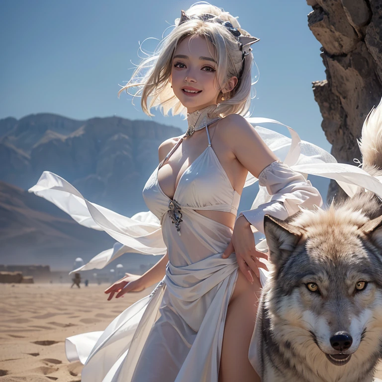 Desert, windy weather, white wolf、 ((highest quality、masterpiece、8k、best image quality、ultra high resolution、Award-winning work)、(accurate anatomy:1.1)、(look at me and smile:1.1)、Shining fair skin with ultra high resolution、most detailed face、ultra high resolution detailed face、white short hair flowing 、Beautiful face drawn in every detail、ancient Greek clothing, modest breast , real wolf beside the girl 