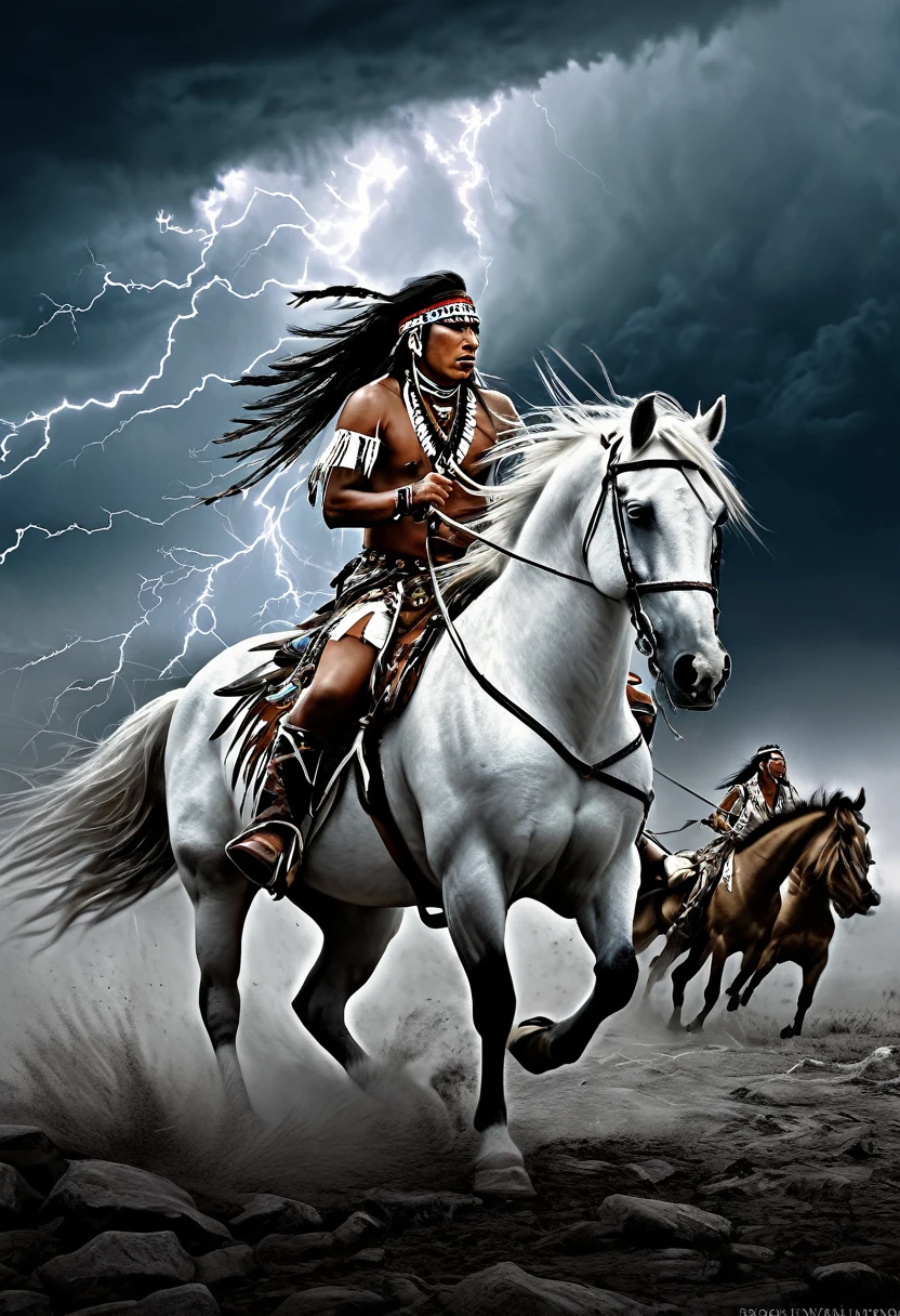Agitated black mustangs, a white horse in front, Sioux Indians at war, spectacular storm scenery, powerful lightning, threatening black clouds, high contrast details, tribal war atmosphere, mystical and intense, realistic, detailed, digital painting , dynamic movement,detailed fur textures, ambient lighting, by Boris Vallejo and Brian Froud, Artstation. 