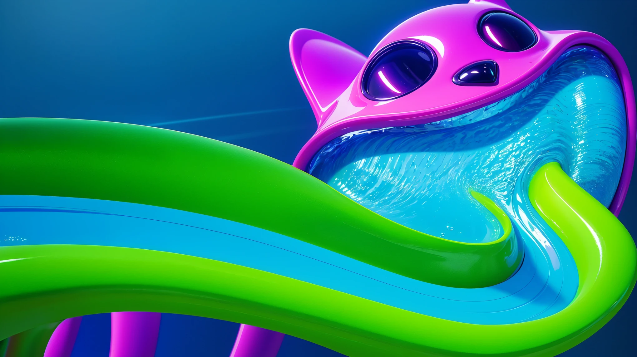 Pink-blue creature with black eyes and a smile and a pool in its mouth deep children's pool filled with beautiful water with waves. The image depicts a close-up of a large, metallic spider-like robot with six legs and a body that resembles a combine harvester. It stands on a blue floor and is facing a red wall.cartoon key frame rendering, cute 3D rendering, Shiny metallic, zbrush color rendering. perfect cgi, cgi art created only with gradients, smooth silhouette, high intensity refraction, (plastic material), most beautiful vfx, blue background, plastic refractions, glossy texture, smooth 3d model, multiple light sources, rim light, sharp post effects render, (glossy plastic texture with multiple big light probe refractions), perfect cgi, cgi art created only with gradients, smooth silhouette, high intensity refraction, (plastic material), most beautiful vfx, blue background, plastic refractions