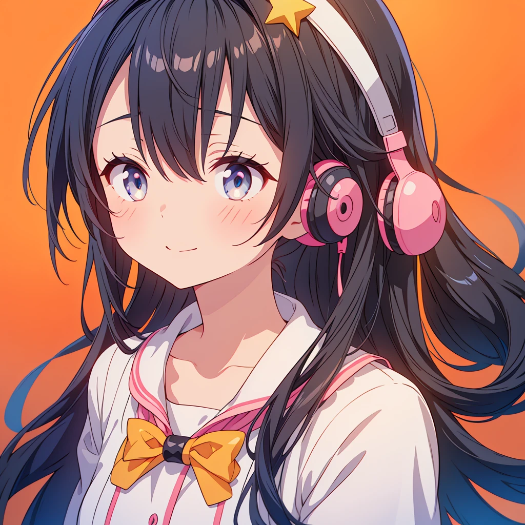 ((masutepiece)), ((Best Quality)), (Ultra-detailed), ((kawaii)), Cute, (lovely), Upper body, Focus on face0, Cute  s, 1girl in, Solo, Beautiful black hair, Beautiful black eyes, (Big eyes),((Beautiful eyes)), head phone, lightsmile、The earmuffs of the headphones are star-shaped, and the head part looks like a rainbow.、Outlined with neon