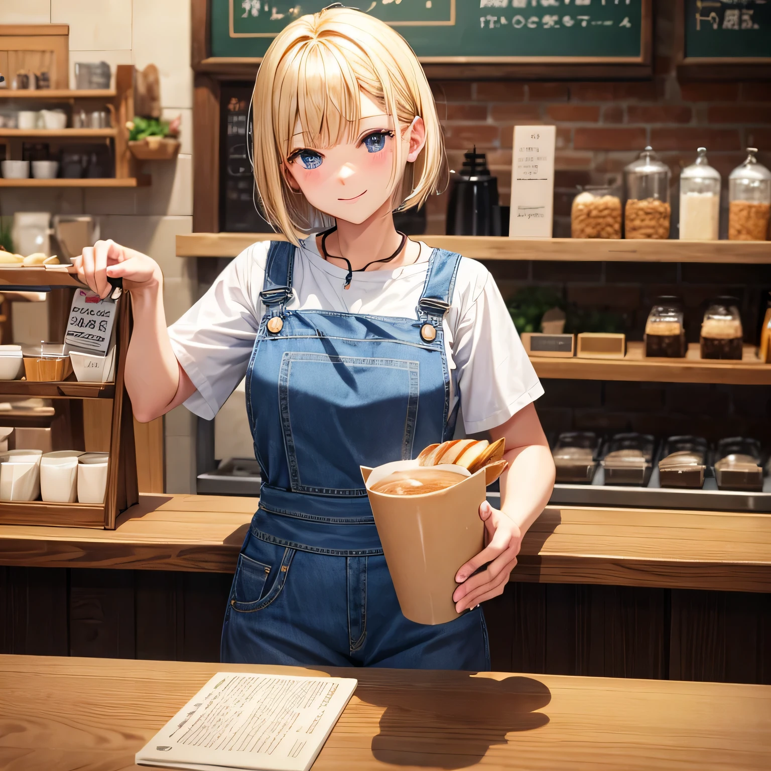 Cafe staff、In your 20s、woman、Denim Apron、Barista、Blonde、Short Bob