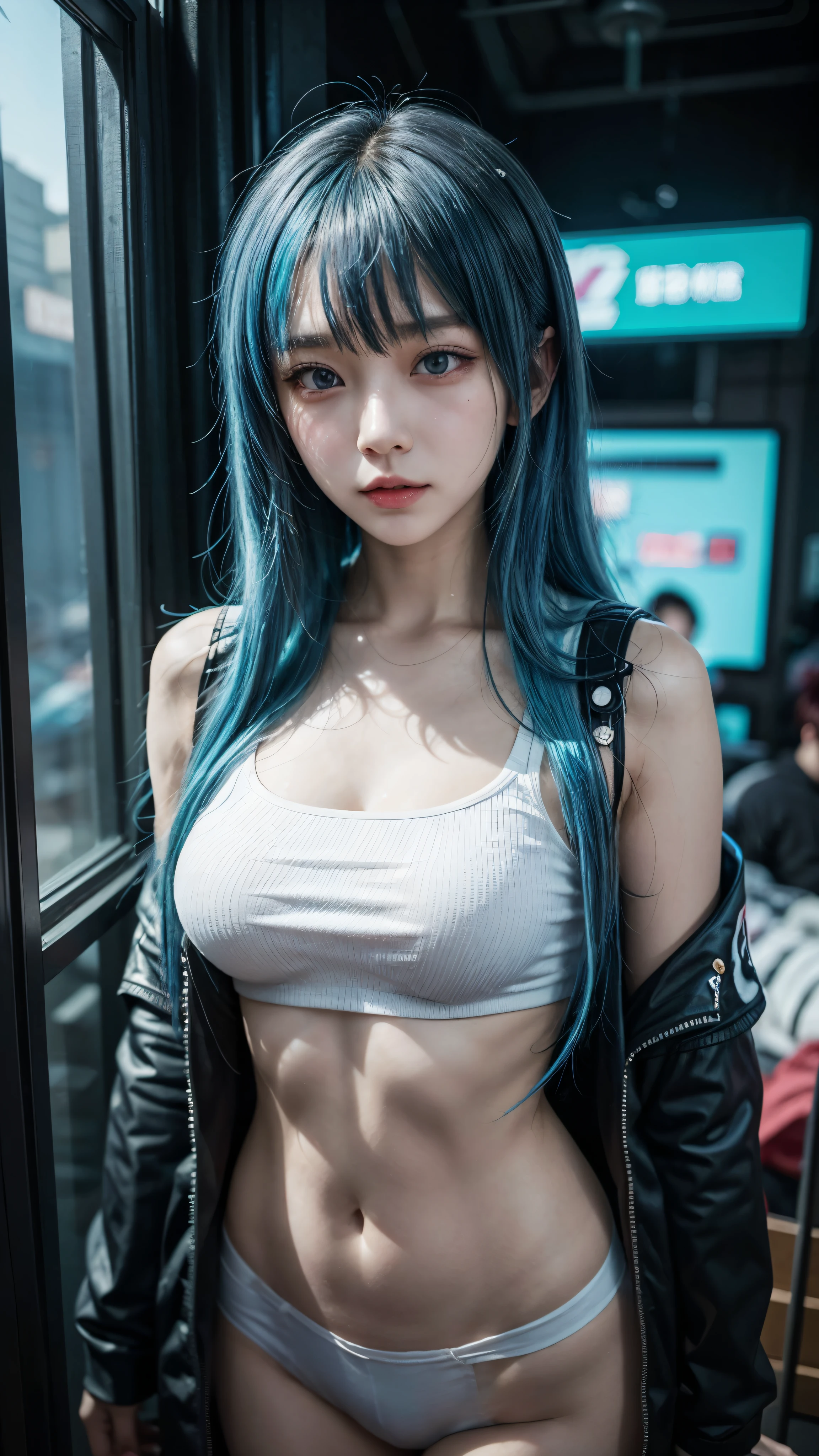 there is a woman with a blue hair and a white top, anime girl cosplay, inspired by Leng Mei, photo of slim girl model, anime girl in real life, seductive anime girl, cyberpunk 2 0 y. o model girl, chinese girl, female cyberpunk anime girl, photo of slim girl, beautiful cyberpunk woman model, anime cosplay, cosplay photo, cosplay