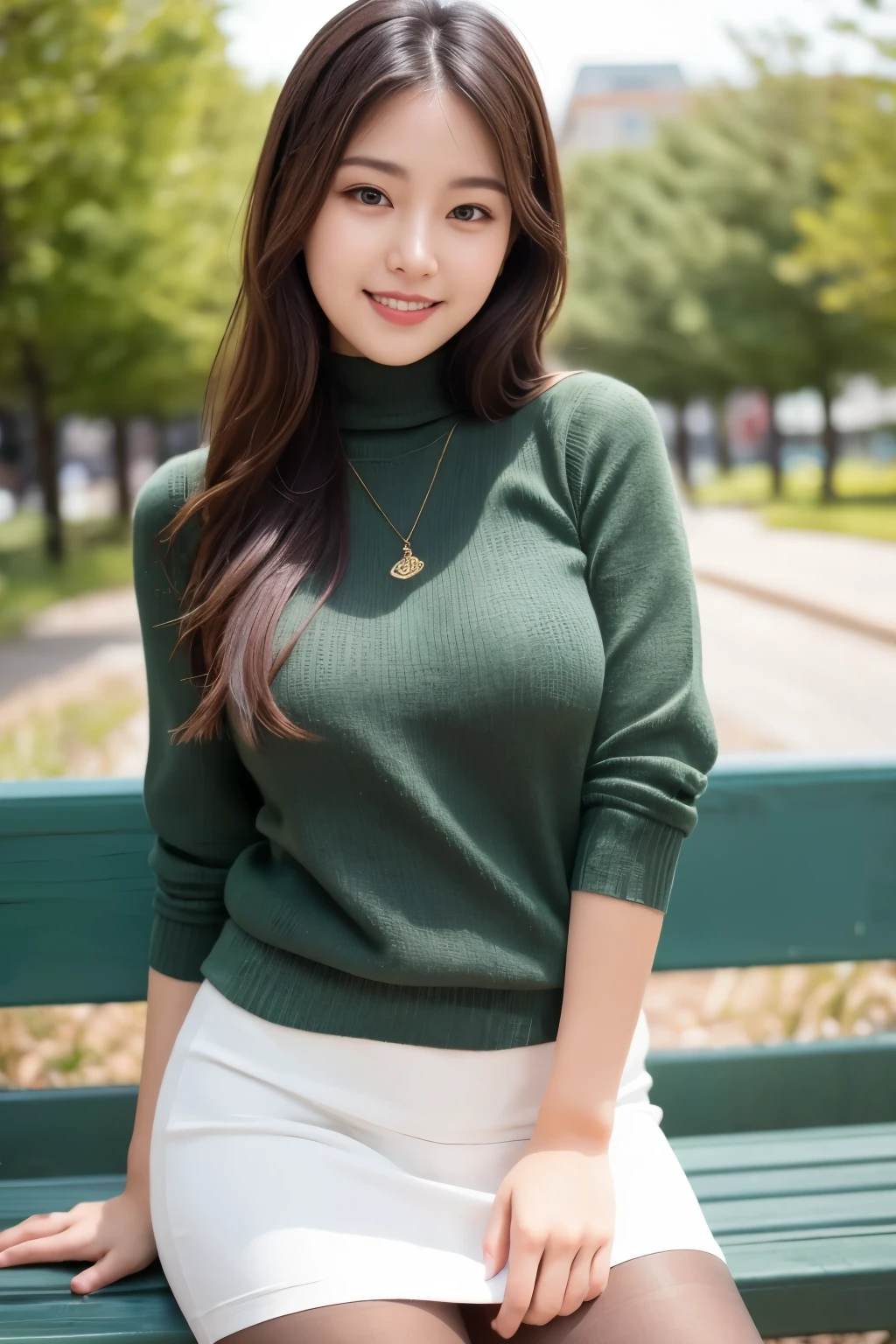 Girl sitting on a park bench with trees in the background, Beautiful face with arms and legs, Korean Girls, Wearing long, loose clothing, Ultra-realistic pantyhose、Young and pretty girl, Nice hips and long legs, Attractive pose, Full body photo, 全身Cute young woman, wear tight, simple clothes, Cute young woman, Wearing a white skirt, Cute and elegant pose