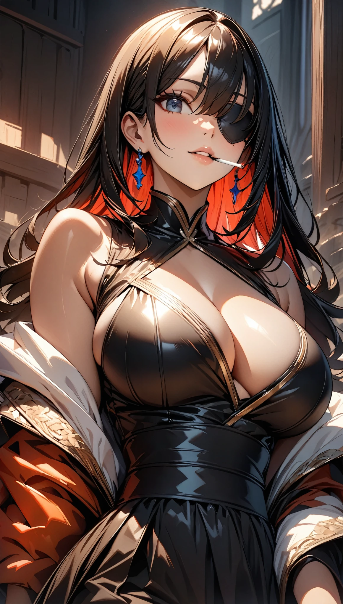 (highest quality:1.2, Very detailed, up to date, Vibrant, Ultra-high resolution, High Contrast, Super Detail, masterpiece:1.2, highest quality, Best aesthetics), (((1 girl))), Beautiful woman, (Tinged with amusement:1.2), Big Breasts, (Large Breasts), Detailed skin texture, Detailed cloth texture, Detailed face, Detail Eye, Smoke a cigarette, Black eyepatch,