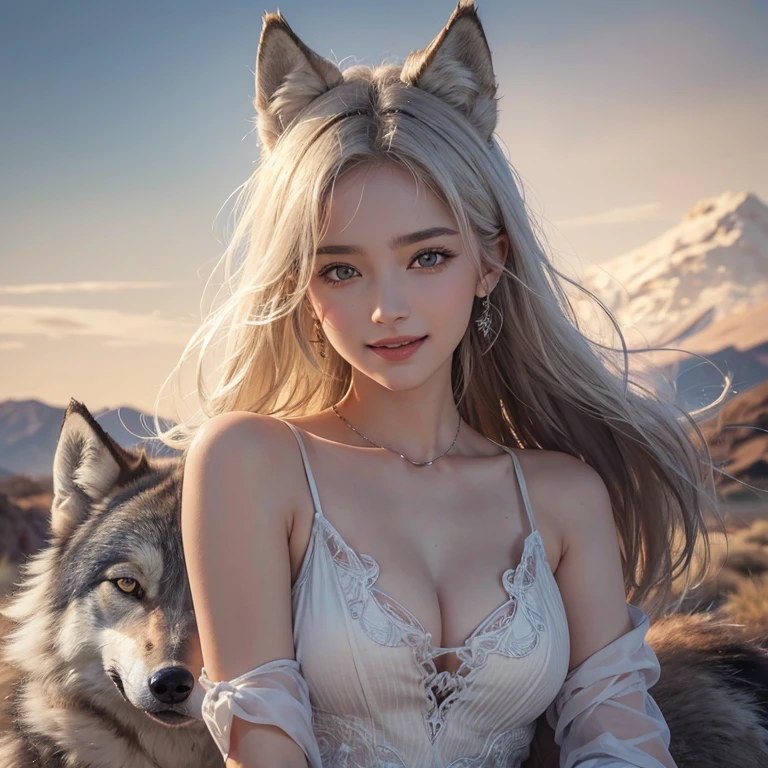 Desert, windy weather, white wolf、 ((highest quality、masterpiece、8k、best image quality、ultra high resolution、Award-winning work)、(accurate anatomy:1.1)、(look at me and smile:1.1)、Shining fair skin with ultra high resolution、most detailed face、ultra high resolution detailed face、white short hair flowing 、Beautiful face drawn in every detail、ancient colorful Greek clothing, modest breast , real wolf beside the girl