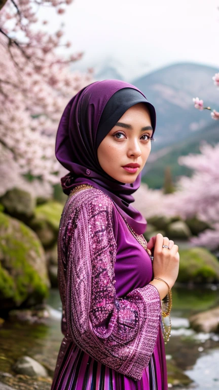 a gorgeous hijab girl in a fuchsia colour hijab and a black gamis dress with abstract printed of pink and purple flowers, in a misty mountains and in a clean crystal water, cherry blossom, necklace, bracelet, ring, detailed detail, real skin texture, realistic image, ultra sharp,
