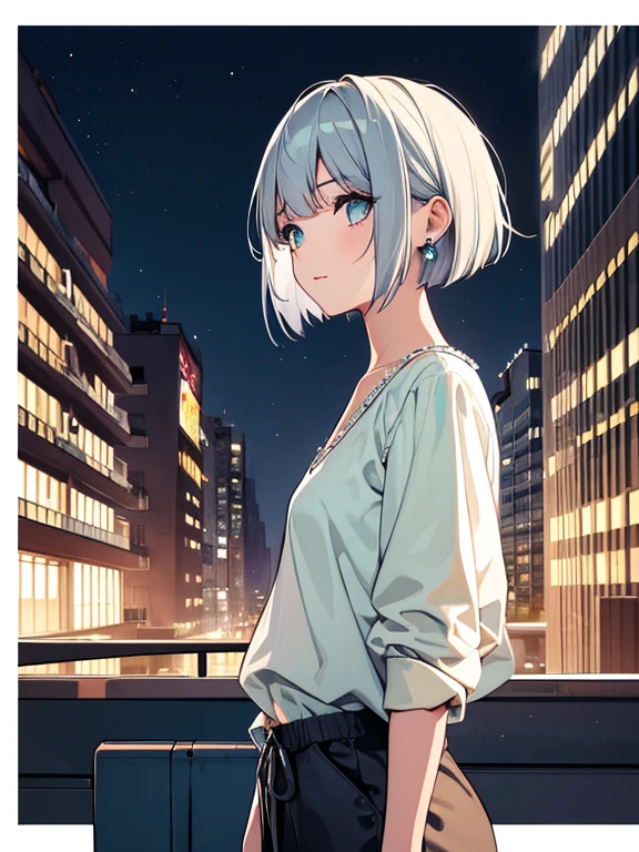 cute, masterpiece, highest quality, high resolution,,A girl watching the stars on the rooftop, alone,Silver Hair, Small earrings Bob cut hair, casual,outside,Artistic,An illustration,Pants Style,Line art,Aqua Eye,night,look up,back