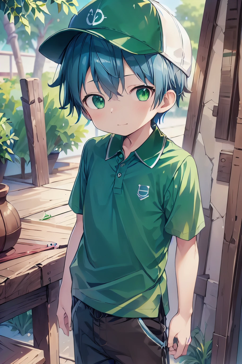 1boy, aoi, blue hair, masterpiece, ultra detail, male focus, green polo shirt, green baseball cap, brown eyes
 