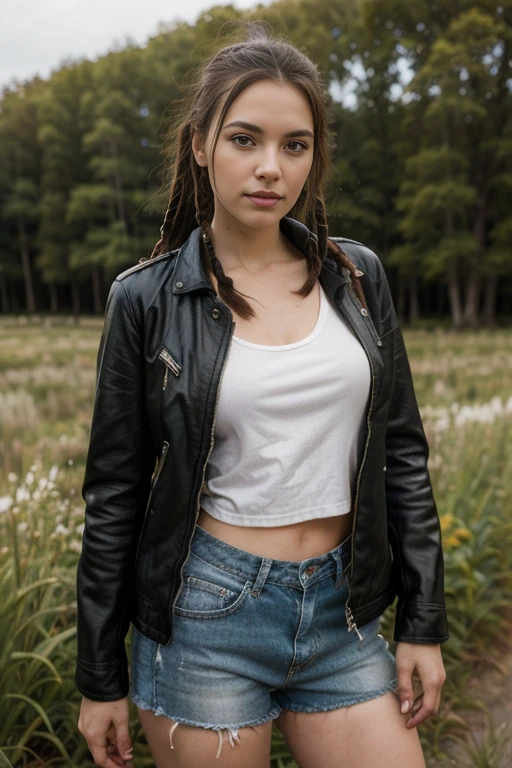 a woman, 25 year old, delicate, cheveux de longueur moyenne, cheveux bruns, skin details, pores de la peau, éclairé par les flashs des photographes, posing, photoshoot, dans une prairie américaine, tenue de biker, blouson en cuir, chemise en jean, dreadlocks