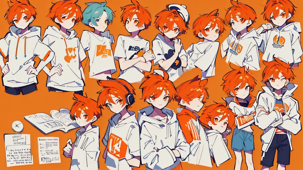 (Masterpiece,Highest quality),(Maximum details),(character design sheet,page,behind,side,All characters are the same.),man,short hair,White and orange hair,pageตาcute,Bored,There are headphones on the neck.,Wear a white sweater,Wear orange shorts,orange eyes,Wear an oval hat,handsome,cute