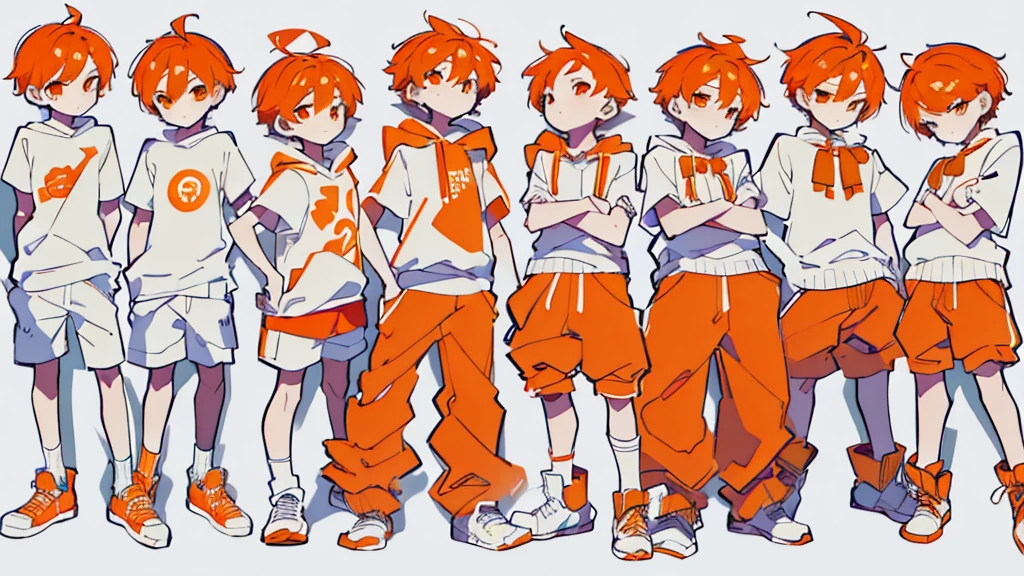 (Masterpiece,Highest quality),(Maximum details),(character design sheet,page,behind,side,All characters are the same.),man,short hair,White and orange hair,pageตาcute,Bored,There are headphones on the neck.,Wear a white sweater,Wear orange shorts,orange eyes,Wear an oval hat,handsome,cute