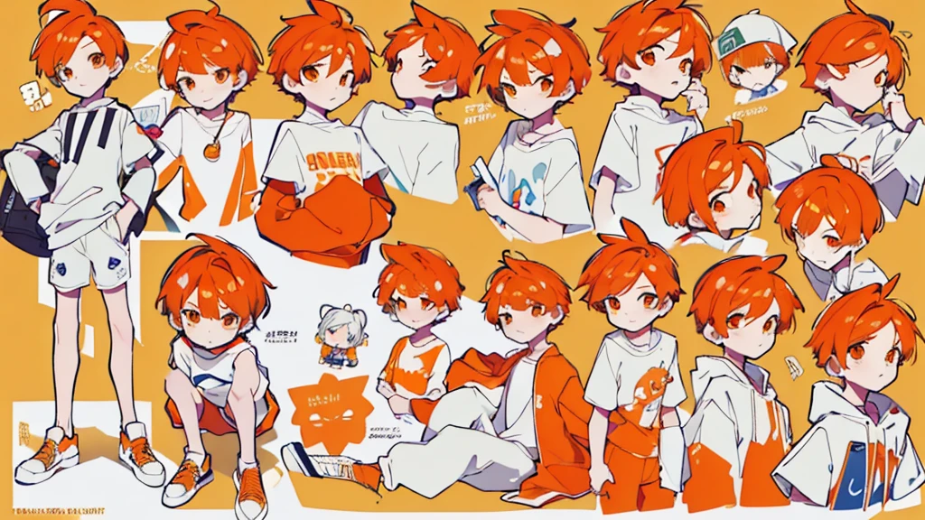 (Masterpiece,Highest quality),(Maximum details),(character design sheet,page,behind,side,All characters are the same.),man,short hair,White and orange hair,pageตาcute,Bored,There are headphones on the neck.,Wear a white sweater,Wear orange shorts,orange eyes,Wear an oval hat,handsome,cute