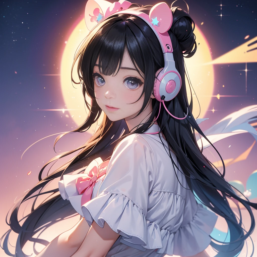 ((masutepiece)), ((Best Quality)), (Ultra-detailed), ((kawaii)), Cute, (lovely), Upper body, Focus on face0, Cute  s, 1girl in, Solo, Beautiful black hair, Beautiful black eyes, (Big eyes),((Beautiful eyes)), head phone, lightsmile、The earmuffs of the headphones are star-shaped, and the head part looks like a rainbow.、Outlined with neon