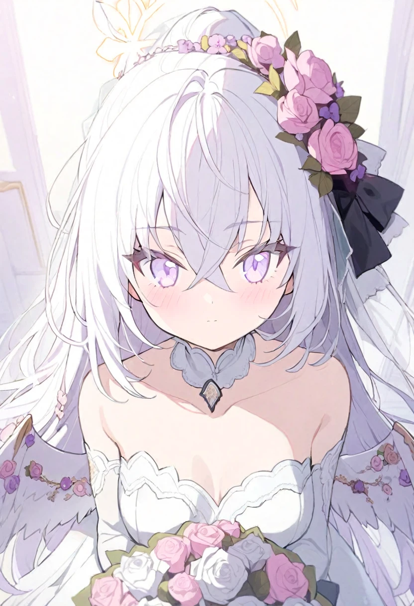azusa \(blue archive\),1girl 1other alternate_costume angel_wings bare_shoulders blush bouquet breasts bridal_veil bride cleavage closed_mouth collarbone dress feathered_wings flower hair_between_eyes halo holding holding_bouquet jewelry long_hair looking_at_viewer medium_breasts necklace out_of_frame pink_flower pink_rose pov pov_hands purple_eyes rose solo_focus strapless strapless_dress veil very_long_hair wedding_dress white_dress white_flower white_hair white_rose white_wings wings small_breasts