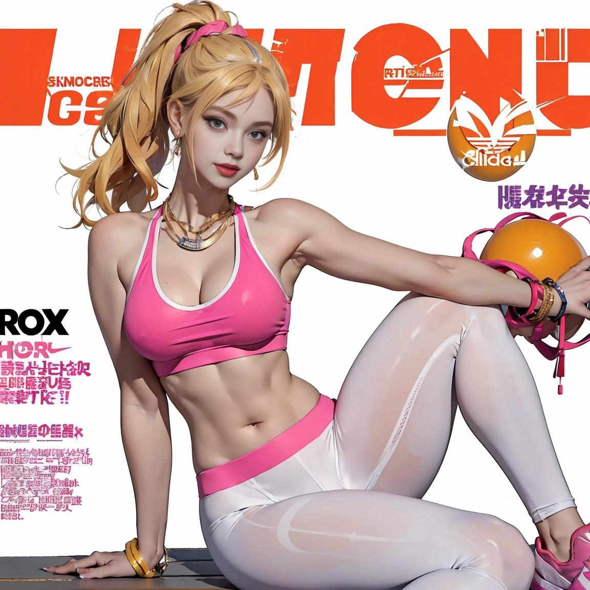 NSFW, (masterpiece:1,2, best quality), (magazine cover), (colorful Magazine cover abundant with text), vibrant, eye-catching paintings, Comic cover style, glamorous, enticing, stylish, chic, high-fashion, captivating, elegant, trendy, fashionable, radiant, attention-grabbing, dazzling, sophisticated, stunning, dramatic, bold, Featured is an European Ginger Girl, a 20-year-old beauty from a Hong Kong-Malaysian background who's a beauty pageant winner and a cheerleader at Florida State University, ((She embodies the girl-next-door charm with her radiant smile and friendly demeanor)), ((Her physique boasts a slim, athletic frame, with an hourglass figure, waist, elongated, toned legs, ample, peachy derrière, and well-sculpted muscles)), (((Her C-cup size breasts and flat abdomen further accentuate her active lifestyle))), ((Her skin tone is a radiant mix of natural fairness and American sun-kiss)), and her makeup is minimal, highlighting her natural beauty, (((She wears a tight-fitting Nike sports bra and matching leggings that highlight her toned physique, paired with a pair of comfortable Adidas sneakers))), perfect for a gym session yet trendy enough for a casual outing, Her Steve Madden platform sandals add height and are easy to slip on and off at the gym, She carries a JanSport classic backpack, perfect for a gym day, emphasizing her natural beauty, and she wears pink lip gloss, (Her blonde hair is styled in a high ponytail), adding to her gym-ready look, She wears a simple bracelet and ring from Pandora, and a gold belly chain from Forever 21 to highlight her flat abdomen and add a sexy touch to her look, reinforcing her outgoing personality, The occasion is a workout session at her local gym, (exceptionally detailed:1.3).