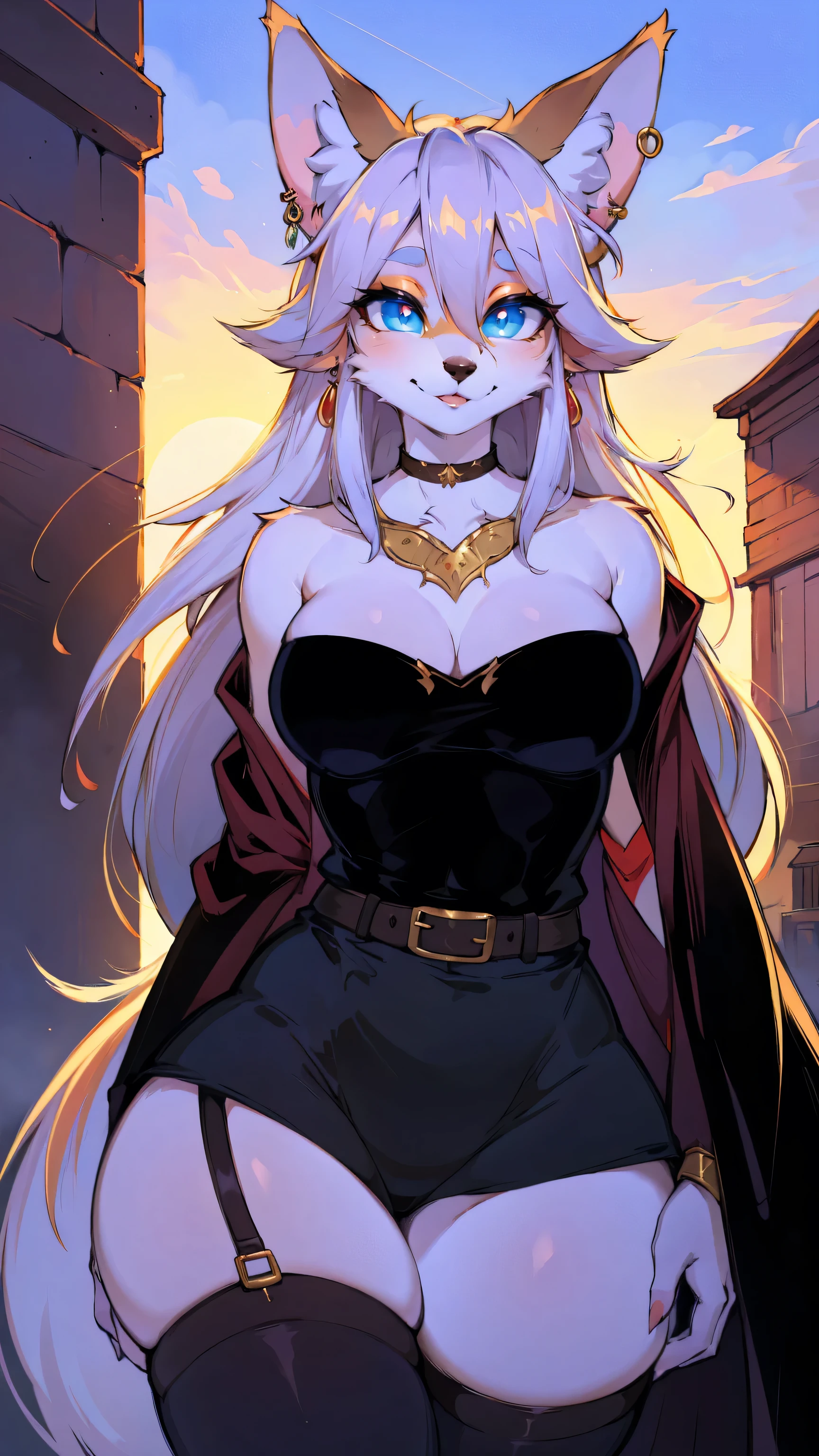 mature,cute,furry_girl,wolf_girl,Elegant figure,193cm tall,Model's body_type,detailed_eyes,silver_hair,cute_ears,wolf_ears,black robe,leggings,fluffy_furs,earrings,upper body,stocking with garterbelt,neck garter,(perfect detailed eyes:1.5),jewelry, blank eyes,brooch,smiling,(front:1.5),(furry:1.5),long lashes,flowy chiffon,well-proportioned figure,(thick thighs:1.1),perfectly high-detail facial features,(perfect detailed eyes:1.5),silky long hair,masterpiece, best quality, Ultra-high quality, Ridiculous details,(best quality,4k,8k,highres,masterpiece:1.2),ultra-detailed