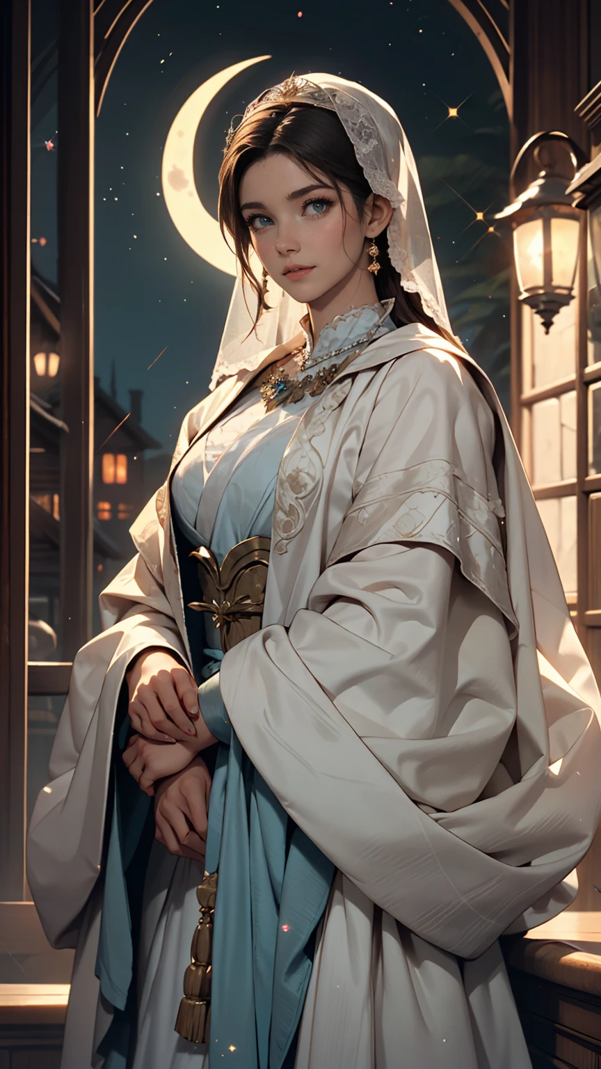 Mother of Jesus, Black hair and green eyes, light brown skin, Wearing a light blue robe, And a sky-blue veil, A calm expression that brings peace (whole body) Near the window, Illuminated by the moonlight (Magnificent and realistic)