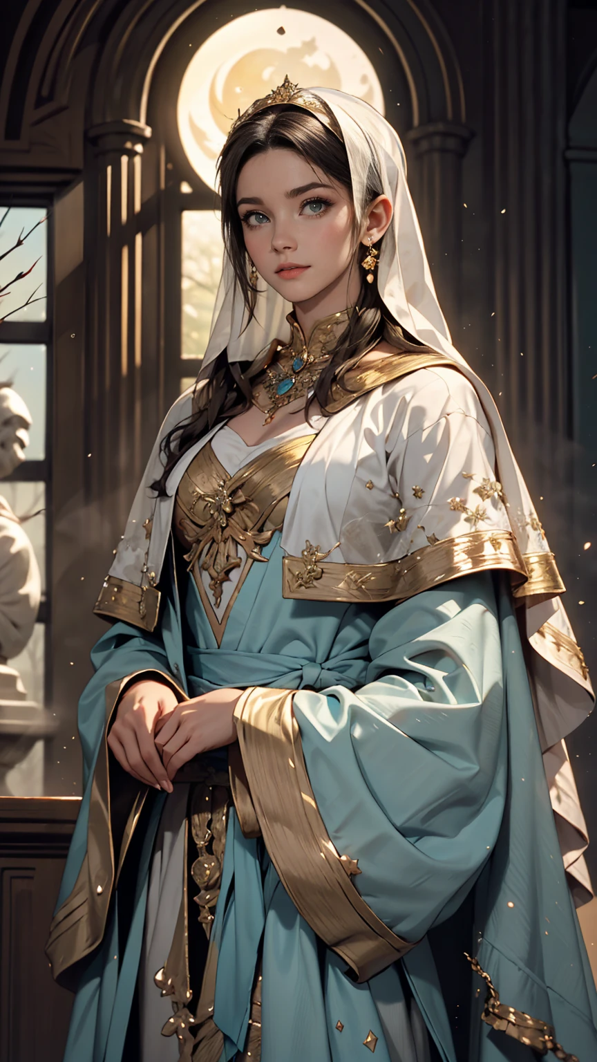 Mother of Jesus, Black hair and green eyes, light brown skin, Wearing a light blue robe, And a sky-blue veil, A calm expression that brings peace (whole body) Near the window, Illuminated by the moonlight (Magnificent and realistic)