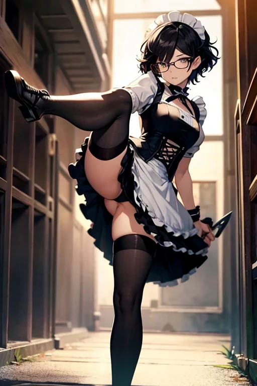Maid,Curly hair,Short Hair,Black-rimmed glasses,Black Hair,Black Stockings,action,stylish,knife,Kick,Beautiful hands,Beautiful fingers