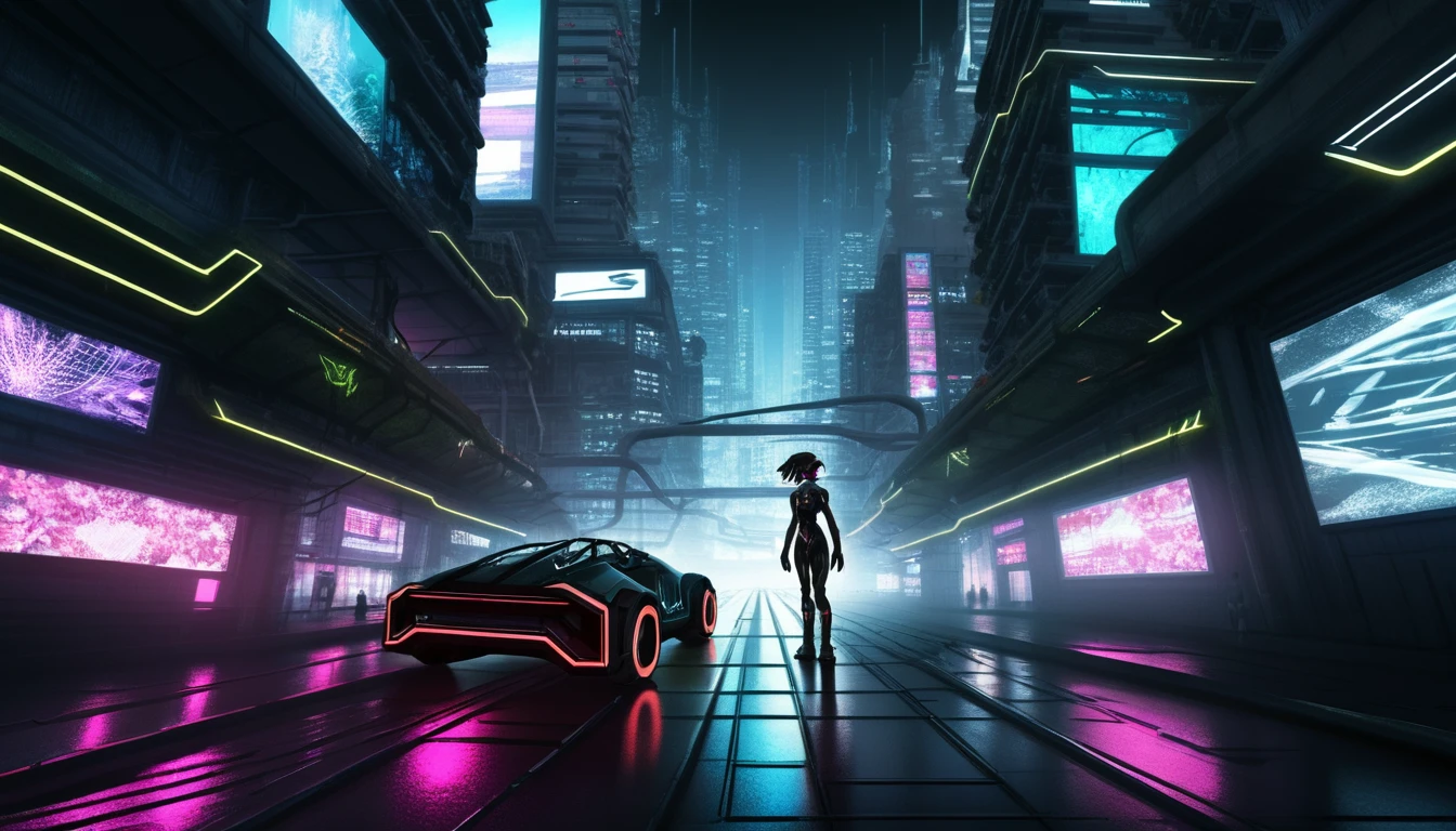 (highres,realistic)(cyberpunk)(futuristic cityscape),(bright city lights),(neon signs),(hovering transportation),(high-tech architecture),(glowing pathways),(synthetic humans),(vibrant colors),(futuristic fashion),(flying vehicles),(energetic atmosphere),(dynamic visuals),(techno beats),(immersive experience),(nighttime scenery),(pulse of the city),(interconnected pathways),(stylish cybernetics),(fast-paced energy),(futuristic technology),(strange and unique landscapes),(digital artistry),(ethereal ambiance),(mind-bending visuals),(exotic flora and fauna),(synthwave music),(urban utopia)