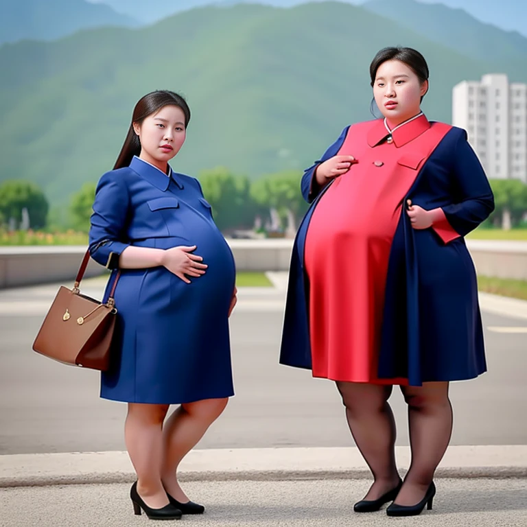 Extremely Hyperpregnant North Korean woman with huge belly wearing a dress