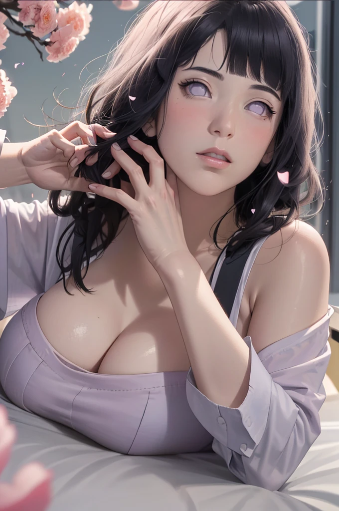 masterpiece, absurdres, hinata\(boruto\), 1girl, solo,mature female, off-shoulder oversized shirt, looking at viewer, (falling petals), perfect composition, detailed lips, big breast, beautiful face, body propotion, blush, (pink lips), long hair,  purple eyes,  soft gaze,  super realistic, detailed, photoshoot, realistic face and body,