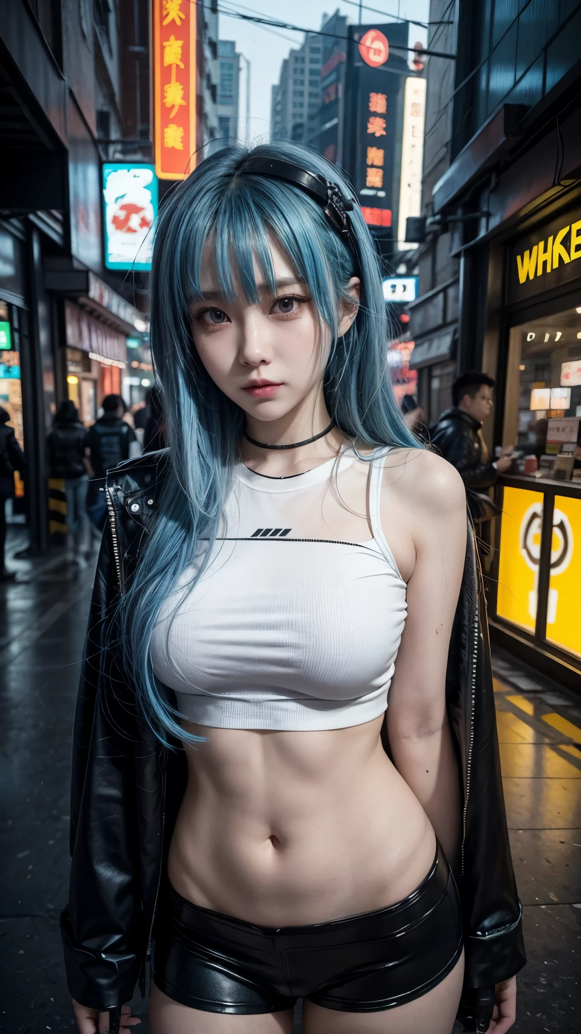 there is a woman with a blue hair and a white top, anime girl cosplay, inspired by Leng Mei, photo of slim girl model, anime girl in real life, seductive anime girl, cyberpunk 2 0 y. o model girl, chinese girl, female cyberpunk anime girl, photo of slim girl, beautiful cyberpunk woman model, anime cosplay, cosplay photo, cosplay