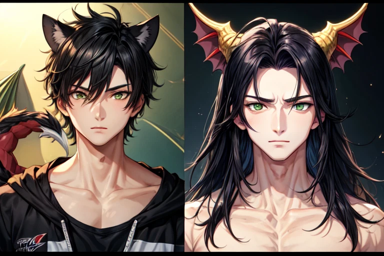 Human anime version, fusion of manticore and man, male, attractive, thin face, black hair and green eyes, athletic shirtless