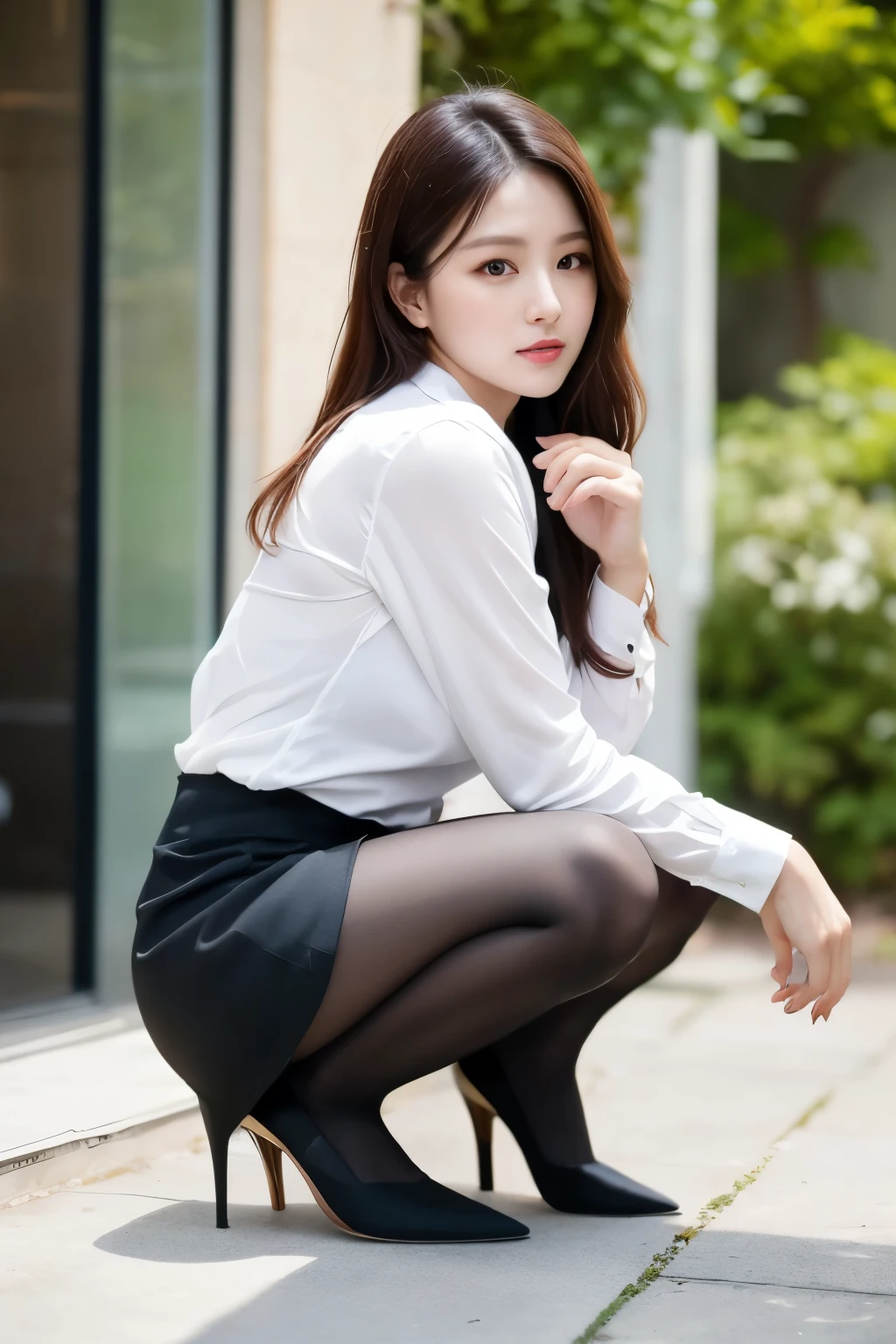 A woman squatting in a white shirt and black skirt, ulzzang-6500-v1.1, (Raw photo:1.2), (Photorealistic), (See-through:1.3), (masterpiece), (Genuine:1.4), 38 years old, 3 6 years old, 28 years old, 29-year-old,  8k)), 32 years old, Ultra-realistic pantyhose、High heels、