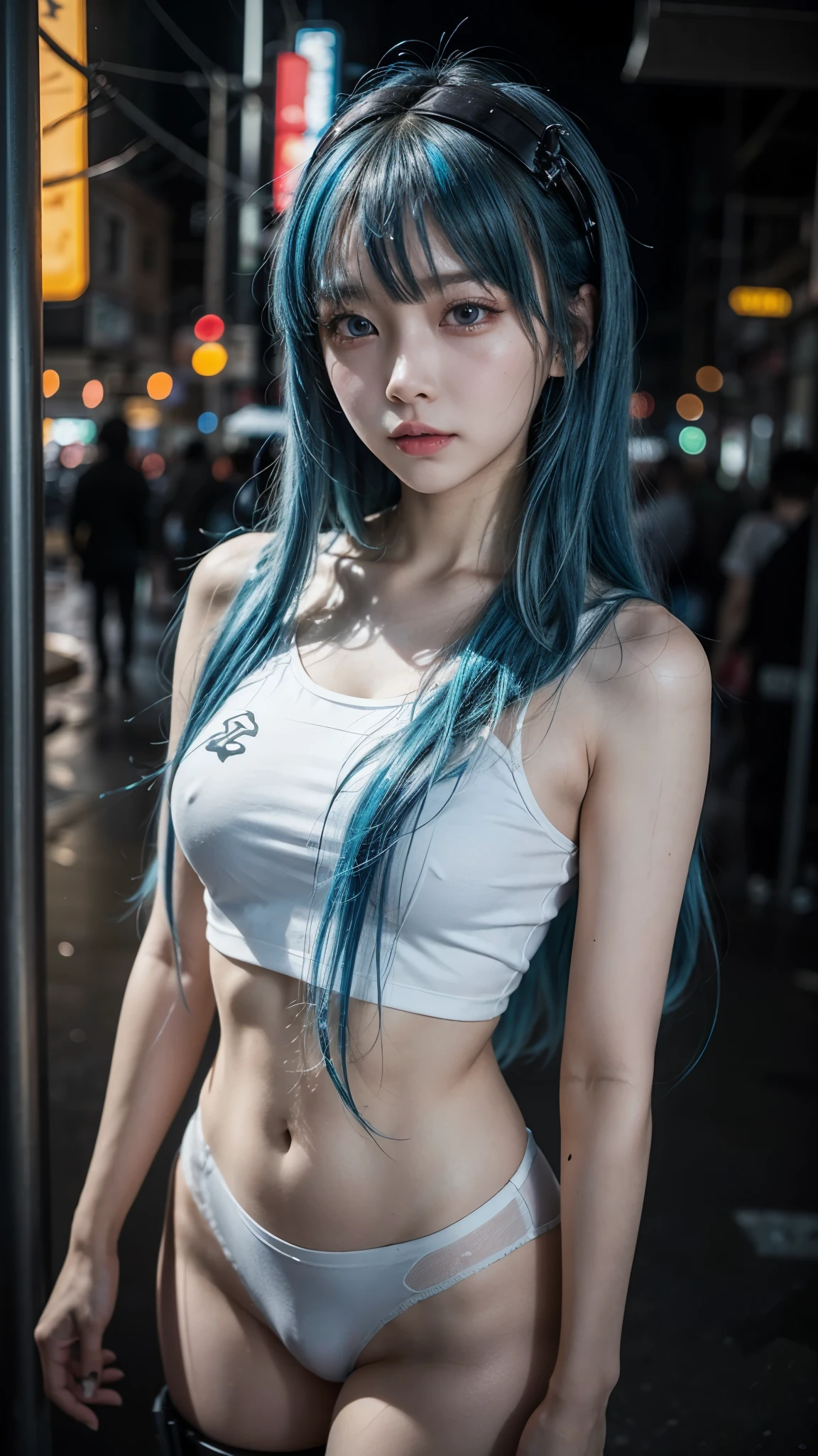 there is a woman with a blue hair and a white top, anime girl cosplay, inspired by Leng Mei, photo of slim girl model, anime girl in real life, seductive anime girl, cyberpunk 2 0 y. o model girl, chinese girl, female cyberpunk anime girl, photo of slim girl, beautiful cyberpunk woman model, anime cosplay, cosplay photo, cosplay