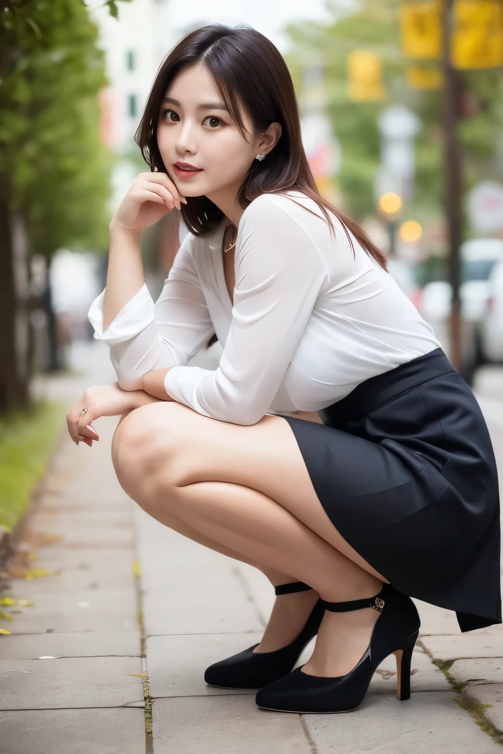 A woman squatting in a white shirt and black skirt, ulzzang-6500-v1.1, (Raw photo:1.2), (Photorealistic), (See-through:1.3), (masterpiece), (Genuine:1.4), 38 years old, 3 6 years old, 28 years old, 29-year-old,  8k)), 32 years old, Ultra-realistic pantyhose、High heels、