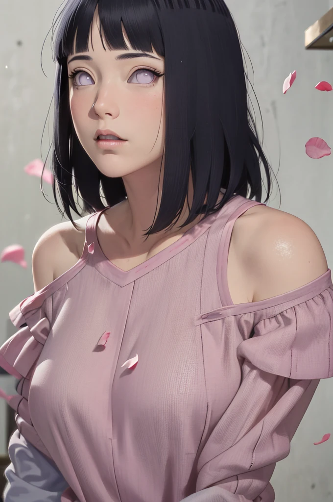 masterpiece, absurdres, hinata\(boruto\), 1women, solo,mature female, milf, off-shoulder oversized shirt, looking at viewer, (falling petals), perfect composition, detailed lips, big breast, beautiful face, body propotion, blush, (pink lips), long hair,  purple eyes,  soft gaze,  super realistic, detailed, photoshoot, realistic face and body,