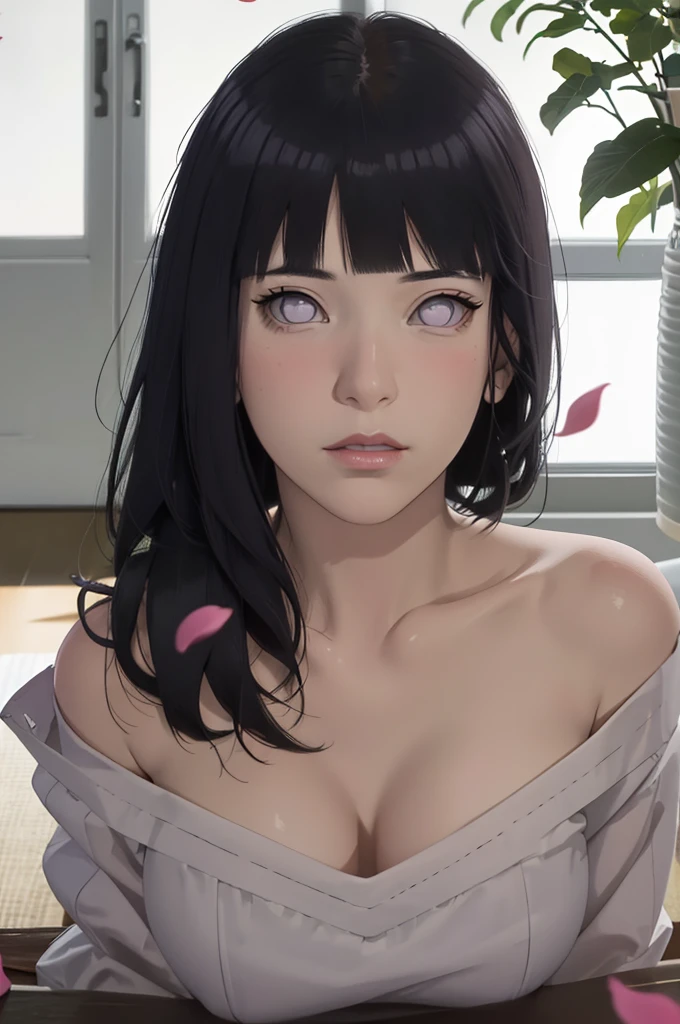masterpiece, absurdres, hinata\(boruto\), 1women, solo,mature female, milf, off-shoulder oversized shirt, looking at viewer, (falling petals), perfect composition, detailed lips, big breast, beautiful face, body propotion, blush, (pink lips), long hair, purple eyes, soft gaze, super realistic, detailed, photoshoot, realistic face and body,