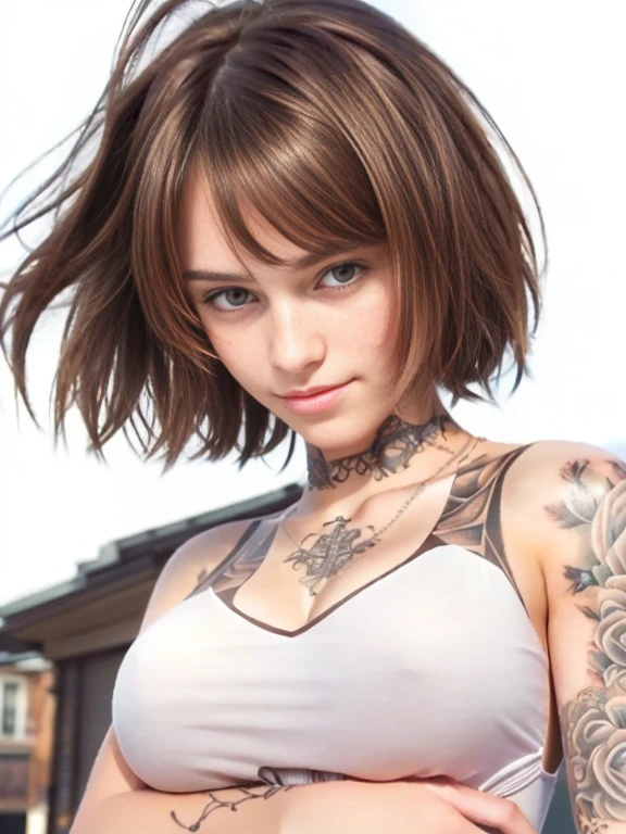  beautiful girl cute gorgeous, perfect, 18 years old european, very large breasts, tennis dress, (((((photorealistic style raw)))), brown hairs, tattoos