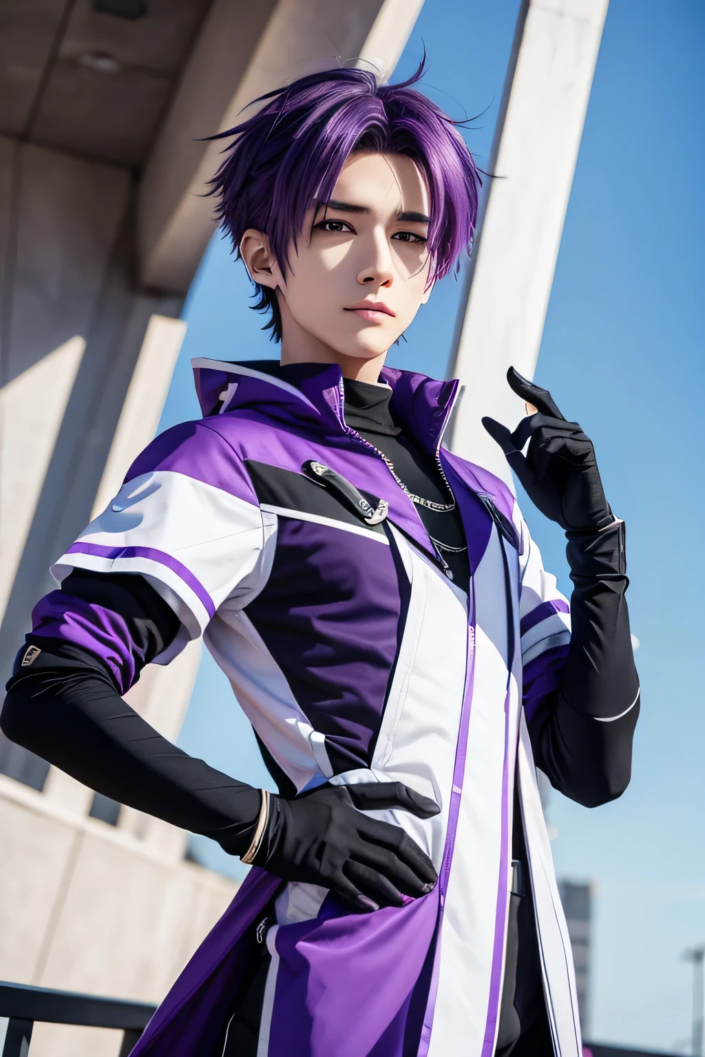 araffe with purple hair and gloves stand, anime cosplay, xqc, cai xukun, professional cosplay, as an anime character, male anime style, with purple hair, handsome anime full pose, male, purple colored, real, purple color, with purple skin, cosplayer, sky purle straight hair, cosplay, blue short hair, character from anime, graphic real not ai.
