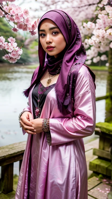 a gorgeous hijab girl in a fuchsia colour hijab and a black gamis dress with abstract printed of pink and purple flowers, in a misty mountains and in a clean crystal water, chubby, cherry blossom, necklace, bracelet, ring, detailed detail, real skin texture, realistic image, ultra sharp,