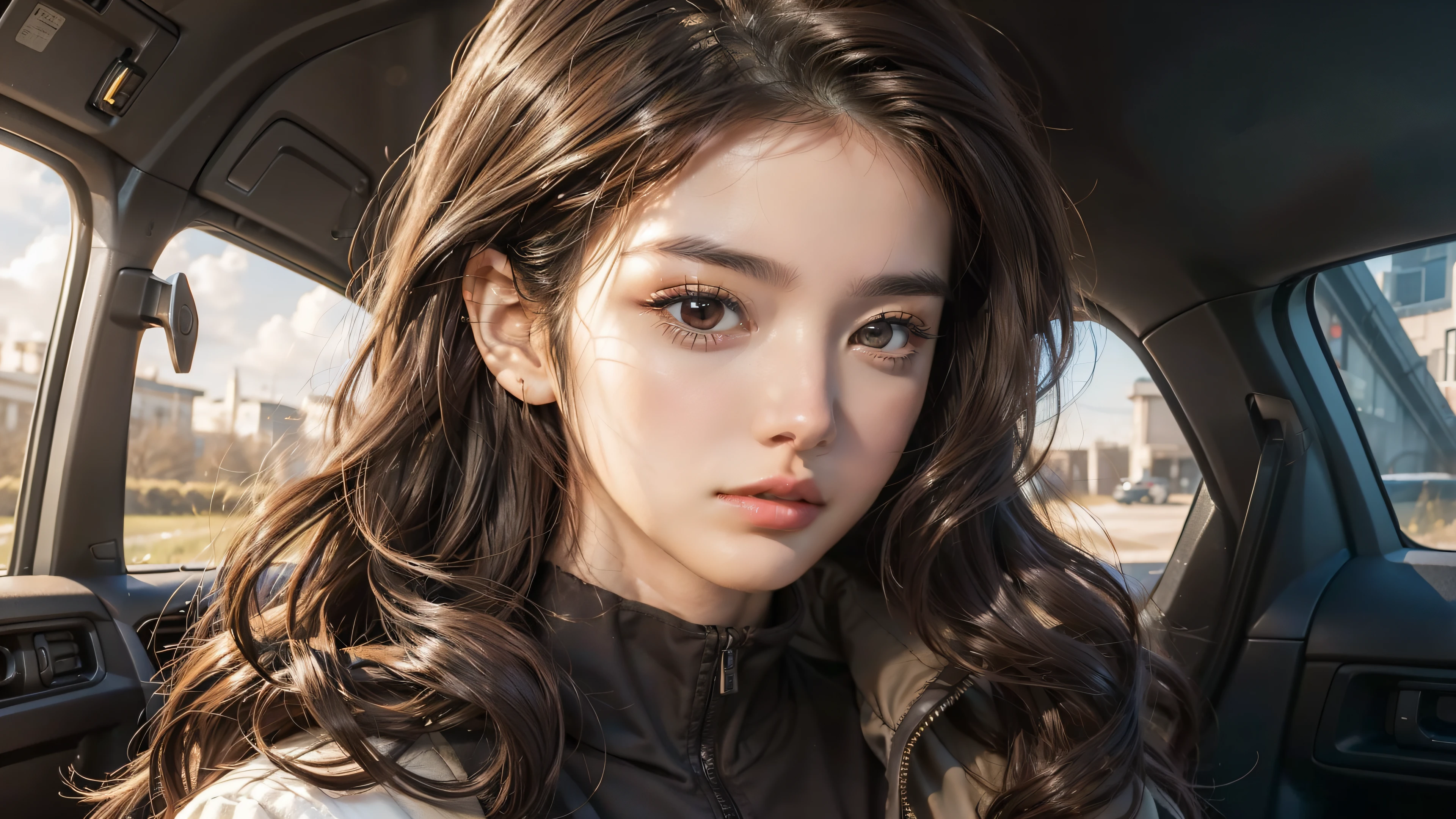 masterpiece, best quality, Practical, 1 female, Quiet, Calm and pretty young woman, 23 years old, ((Shut up)), Extremely detailed, A Little Distance, whole body ((Dark brown eyes)), ((Wavy Dark Brown Hair)), Carry a gun, Acura, 4K