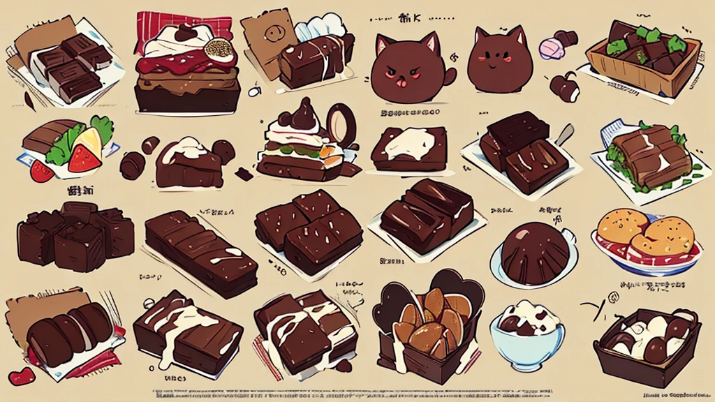 (Masterpiece,Highest quality),(Maximum details),(food design sheet,page,behind,side,Every piece of food is the same.),cat emoji,stuffed with chocolate