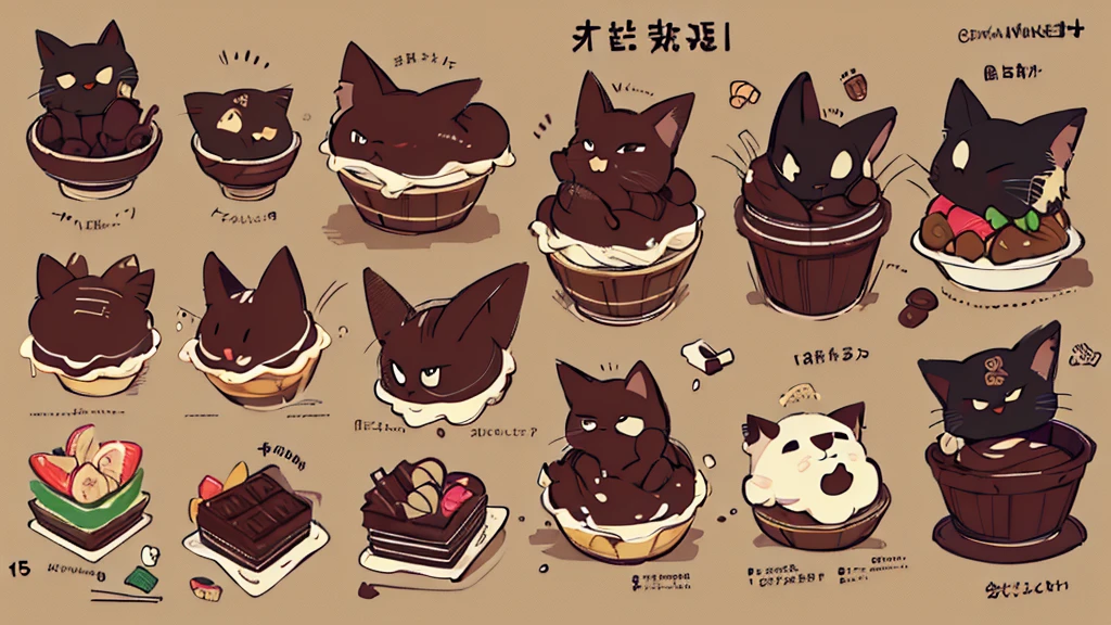 (Masterpiece,Highest quality),(Maximum details),(food design sheet,page,behind,side,Every piece of food is the same.),cat emoji,stuffed with chocolate