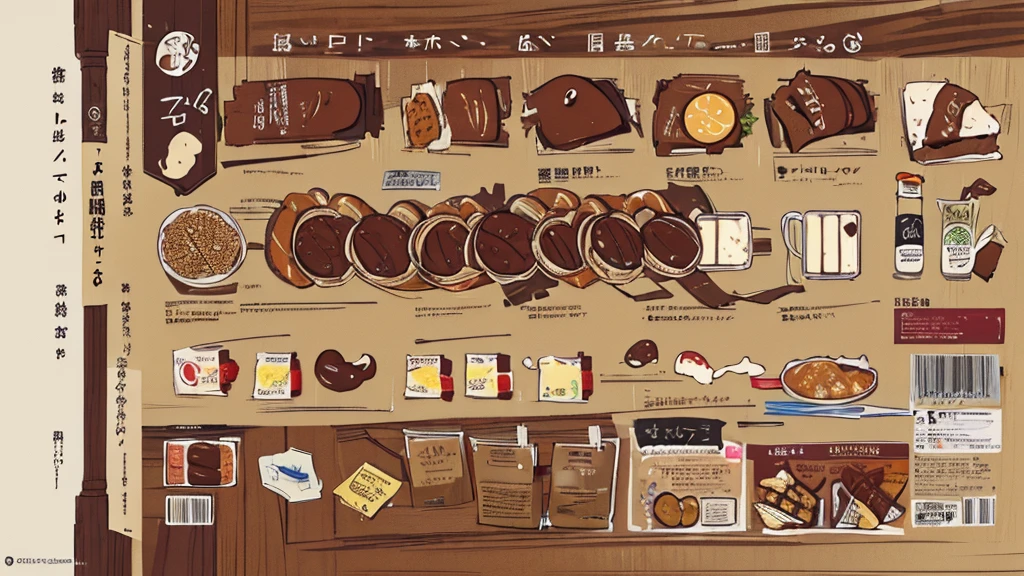 (Masterpiece,Highest quality),(Maximum details),(food design sheet,page,behind,side,Every piece of food is the same.),cat emoji,stuffed with chocolate