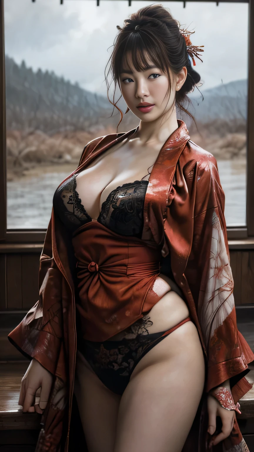 Super high resolution, (masterpiece, highest quality, highest quality, official art, beautiful and aesthetic: 1.2), (photorealistic stick: 1.2), sharp focus, sexy female warrior, cowboy shot, beautiful features, detailed and perfect Face, beautiful even eyes, delicious company, seductive figure, sexy open kimono, bewitching, sexy, erotic, big breasts, cleavage visible, sexy thighs are realistic, open kimono, kimono texture and complexity Finely expressed patterns, top quality, dramatic style, typical reality, works that combine elegance and strength, traditional Japanese aesthetic sense and modern atmosphere, monochromatic coloring, combination of details, look Captivating images, desolate wilderness, rain clouds all over the sky, (depth field: 1.3), (((blur background))),