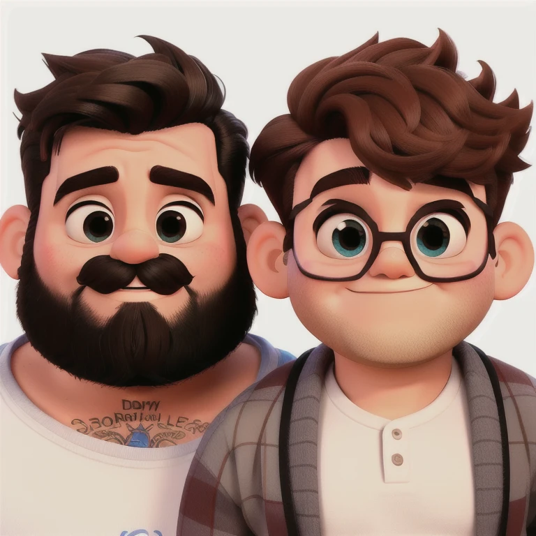 casal gay gordinho, olhos e cabelos castanhos, Disney Pixar 