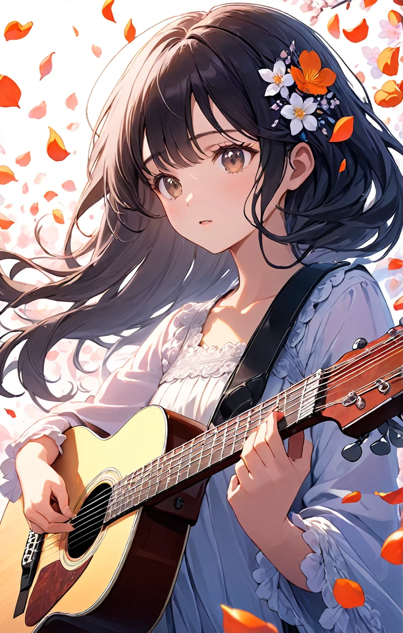 extremely detailed CG unity 8k wallpaper, highest quality, ultra-detailed, perfect illumination, accurate shadowing, one vibrant and lively,(white background)
close up, masterpiece, best quality,a black-hairdo girl a pretty girl  Guitar Performance
petals, illustration, top quality, ultra-detailed