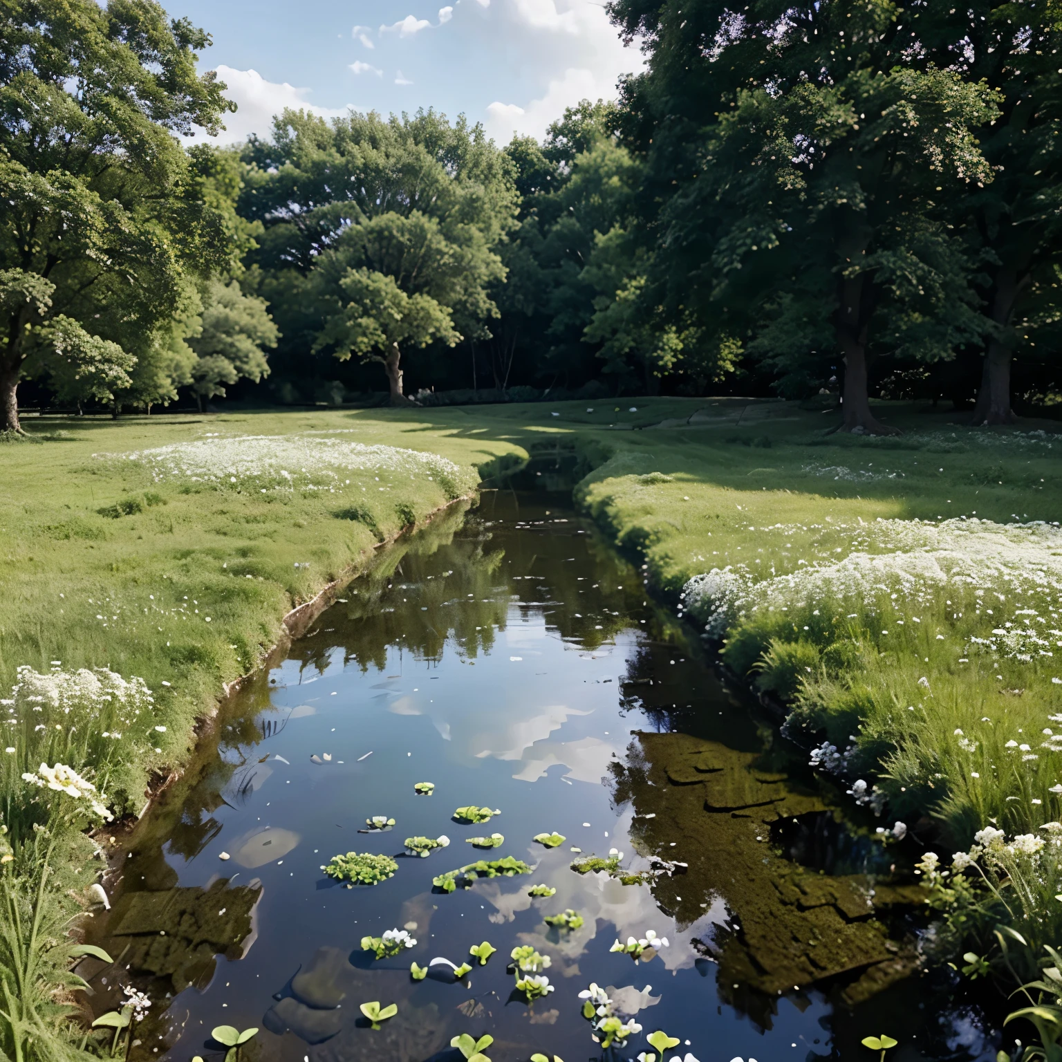 (nature),(Green meadows),(white stone),(flower),(bush),(A small puddle of water in the middle),