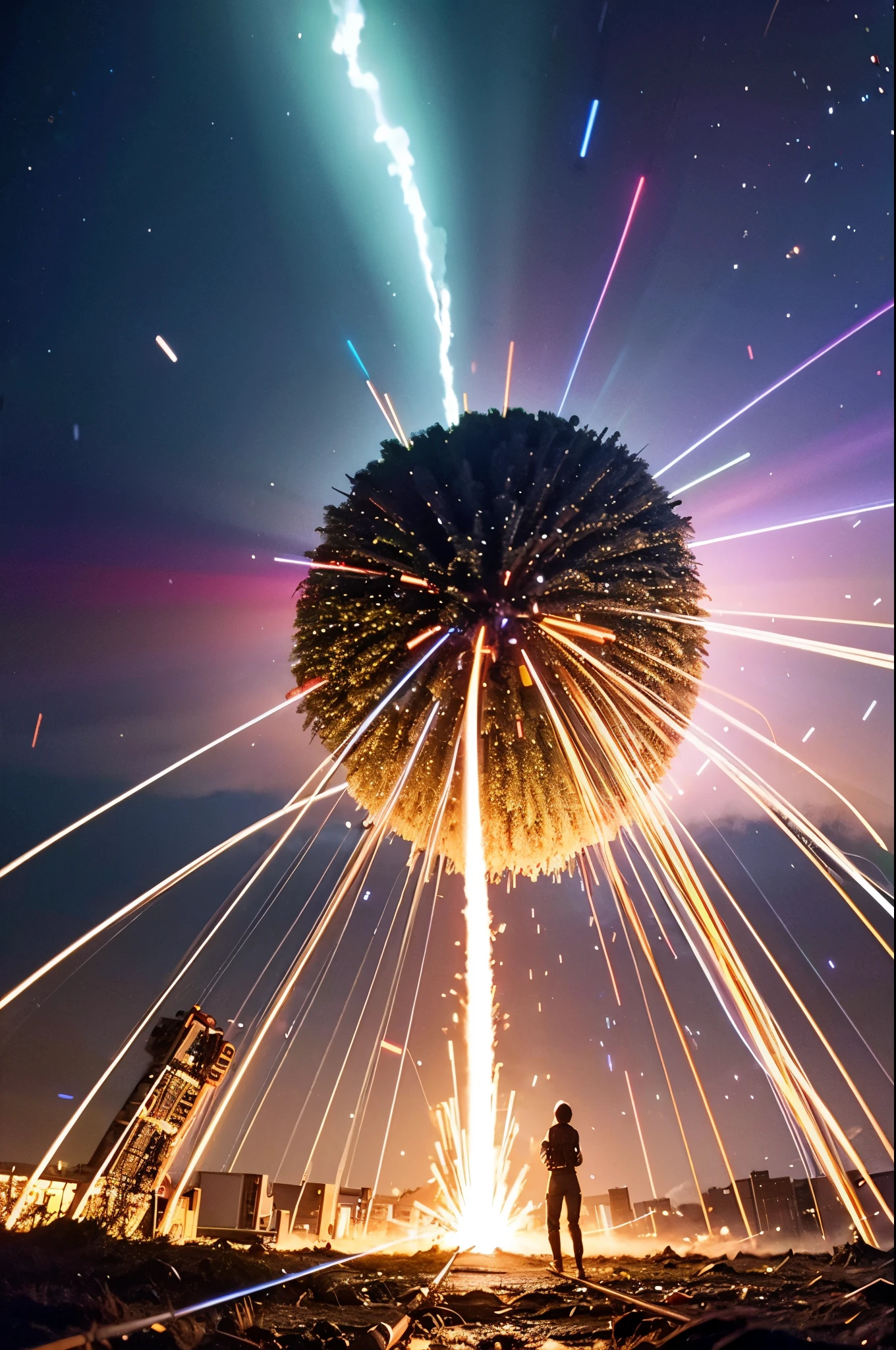 an explosion between two neutrons, Muito detalhado, Qualidade 8k, light trails and thousands of pieces of different colors that scatter after the explosion, uma imagem stop-frame.