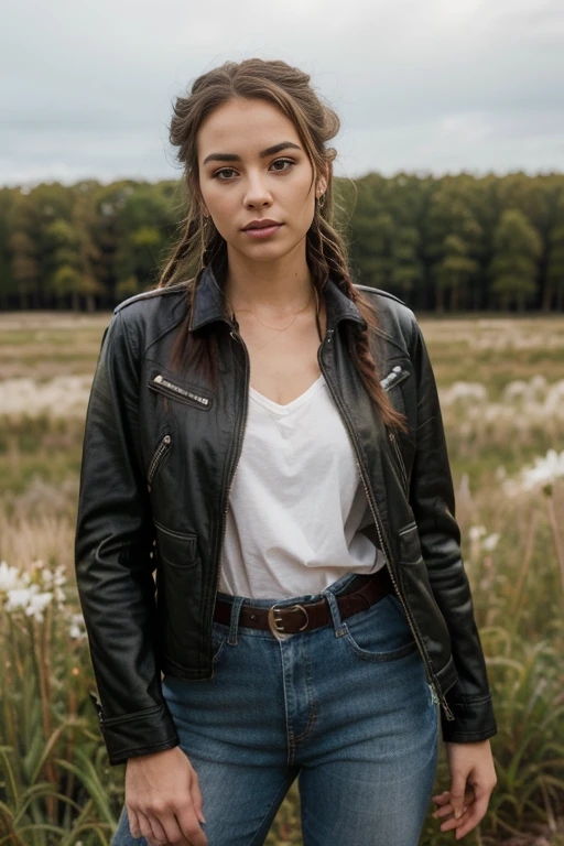 a woman, 25 year old, delicate, cheveux de longueur moyenne, cheveux bruns, skin details, pores de la peau, éclairé par les flashs des photographes, posing, photoshoot, dans une prairie américaine, tenue de biker, blouson en cuir, chemise en jean, dreadlocks