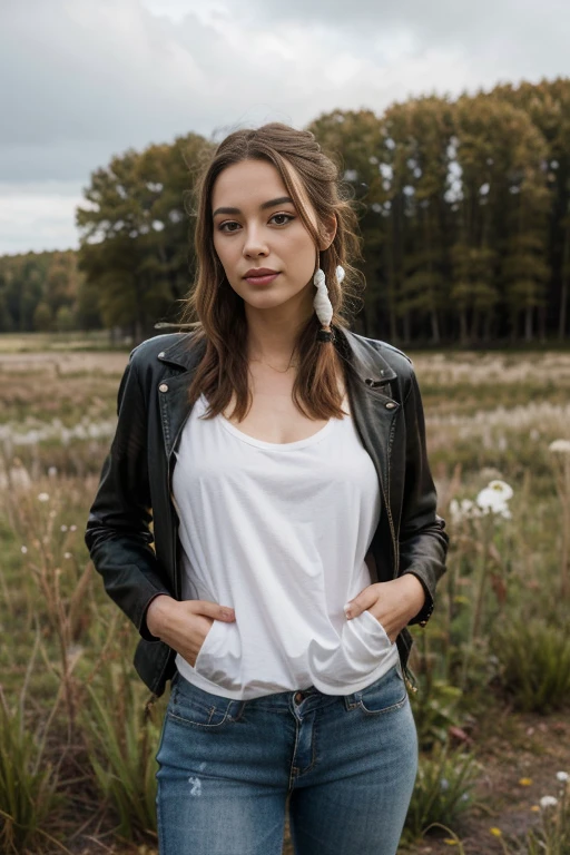 a woman, 25 year old, delicate, cheveux de longueur moyenne, cheveux bruns, skin details, pores de la peau, éclairé par les flashs des photographes, posing, photoshoot, dans une prairie américaine, tenue de biker, blouson en cuir, chemise en jean, dreadlocks